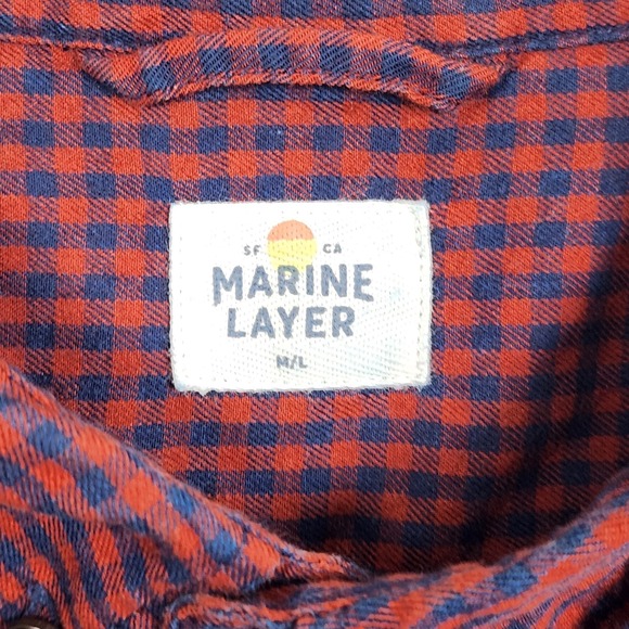 Marine Layer Shirt Mens Medium Red Blue Plaid Stretch Pocket Outdoors Huckberry - Picture 4 of 11